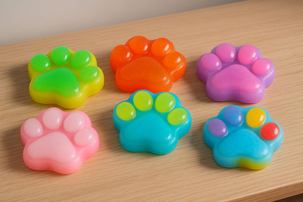  Colecție de lăbuțe de pisică în culori pastel și neon, aranjate birou.