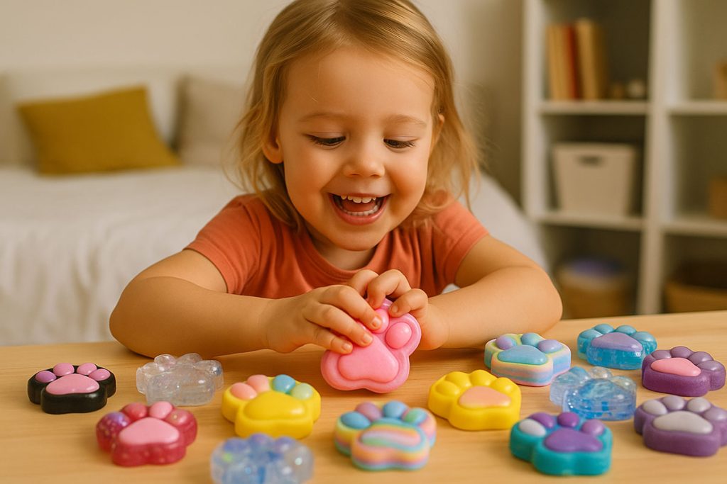  Fetiță zâmbitoare care se joacă cu mai multe jucării în formă de lăbuță de pisică pe o masă din lemn.