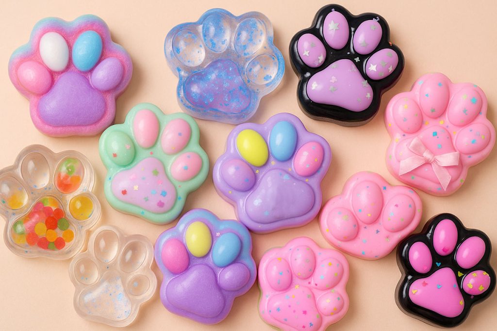  Lăbuțe de pisică colorate cu sclipici, inimioare și detalii unice, așezate artistic pe fundal roz deschis.