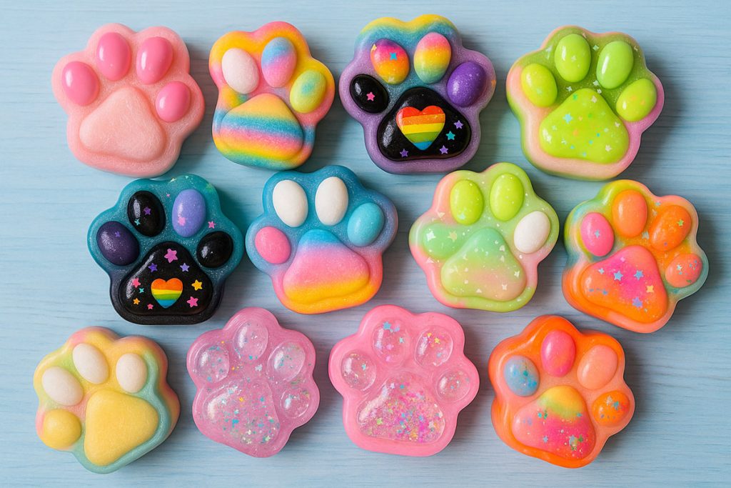  Gros-plan artistic cu jucării de tip lăbuță de pisică în culori vii și texturi diverse, aranjate simetric.