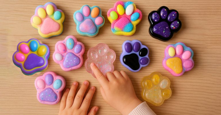 Mână de copil apăsând o lăbuță de pisică roz, într-o imagine tip POV cu alte jucării colorate pe fundal.