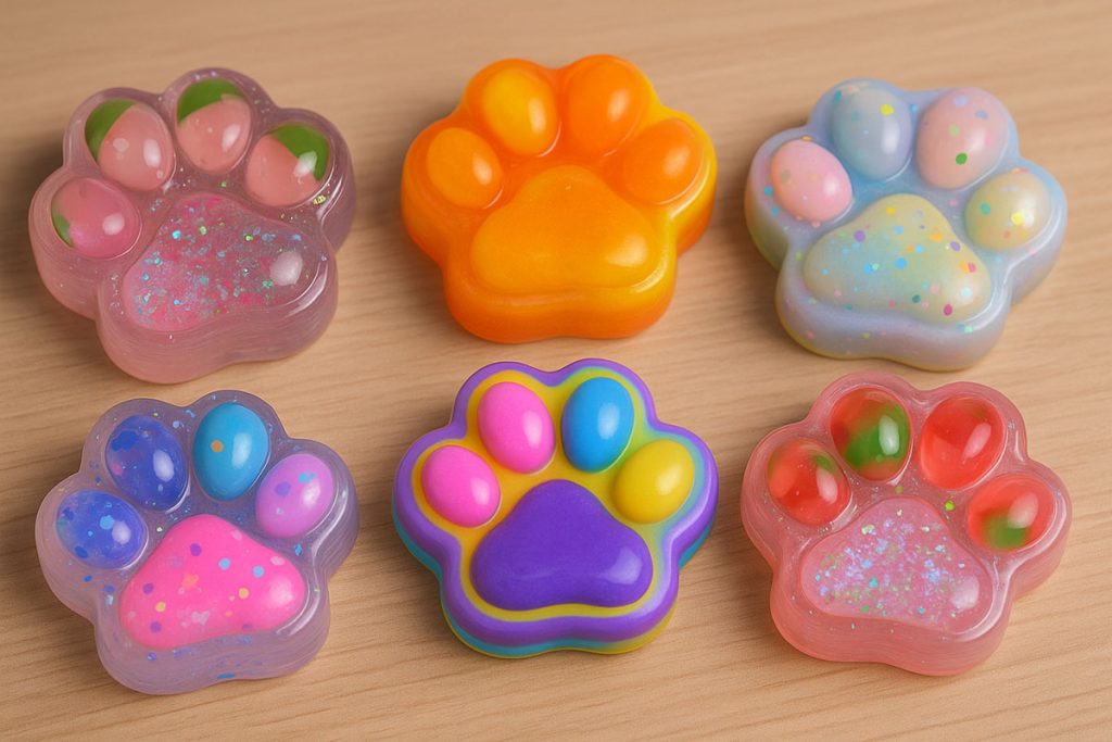  Nouă jucării lăbuță de pisică diferite, în nuanțe vibrante și designuri creative, pe fundal birou.