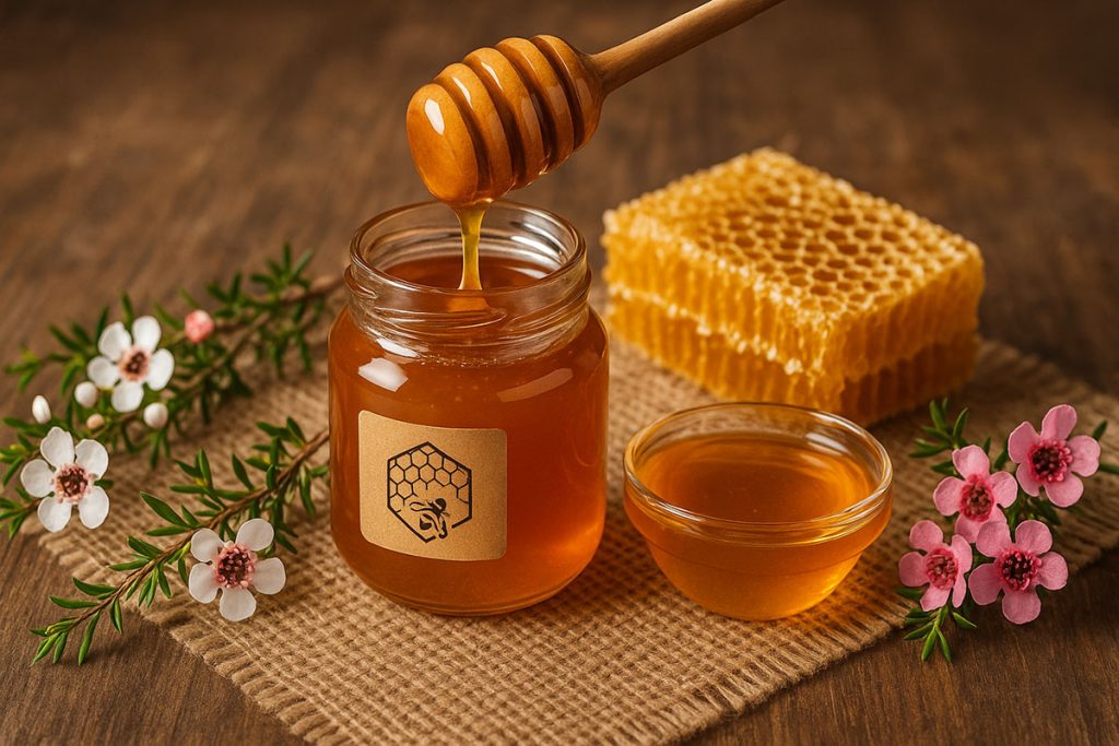 Borcan de miere de Manuka aranjat estetic pe fundal natural