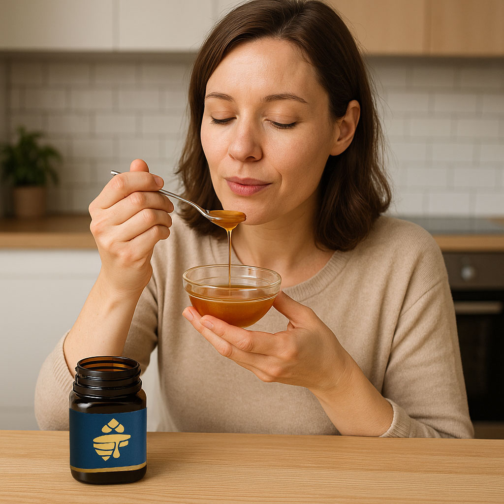 Persoană care consumă miere de Manuka cu lingurița, în bucătărie
