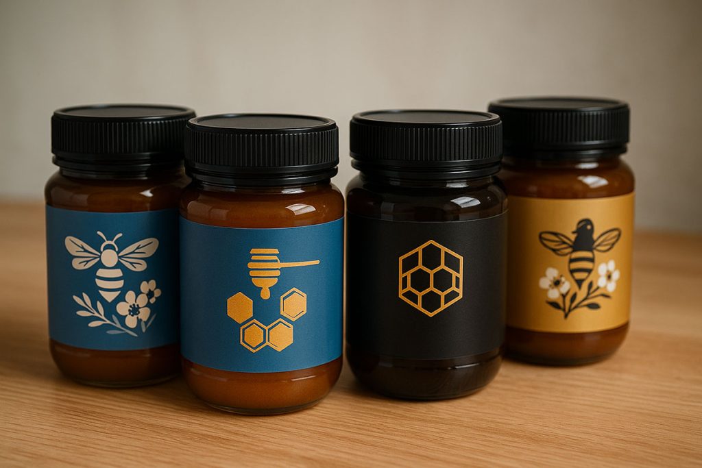 Borcane de miere de Manuka într-un cadru elegant, care evidențiază calitatea premium