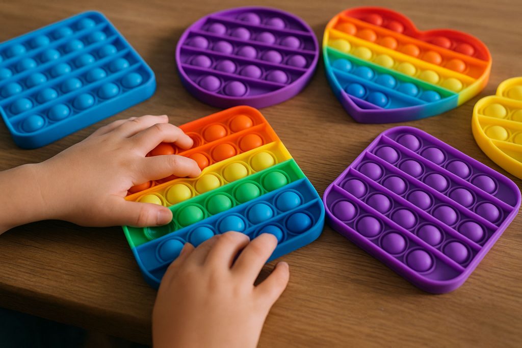  Perspectivă de sus cu mâini de copil apăsând un Pop It multicolor