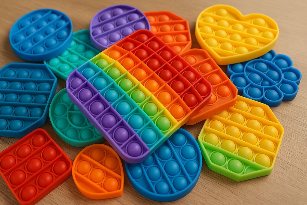 Pop It-uri în culori și forme diferite așezate pe o masă