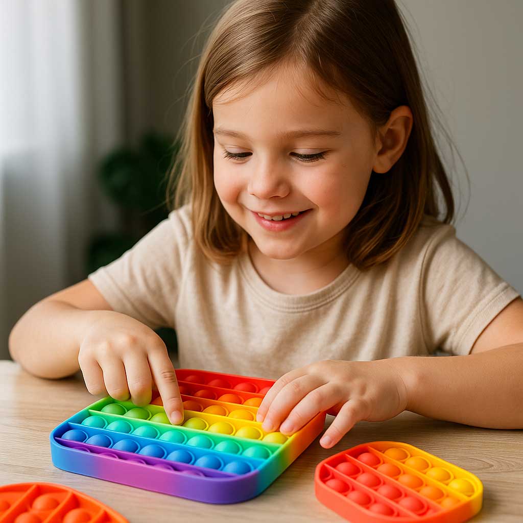 Fetiță jucându-se cu un Pop It colorat.