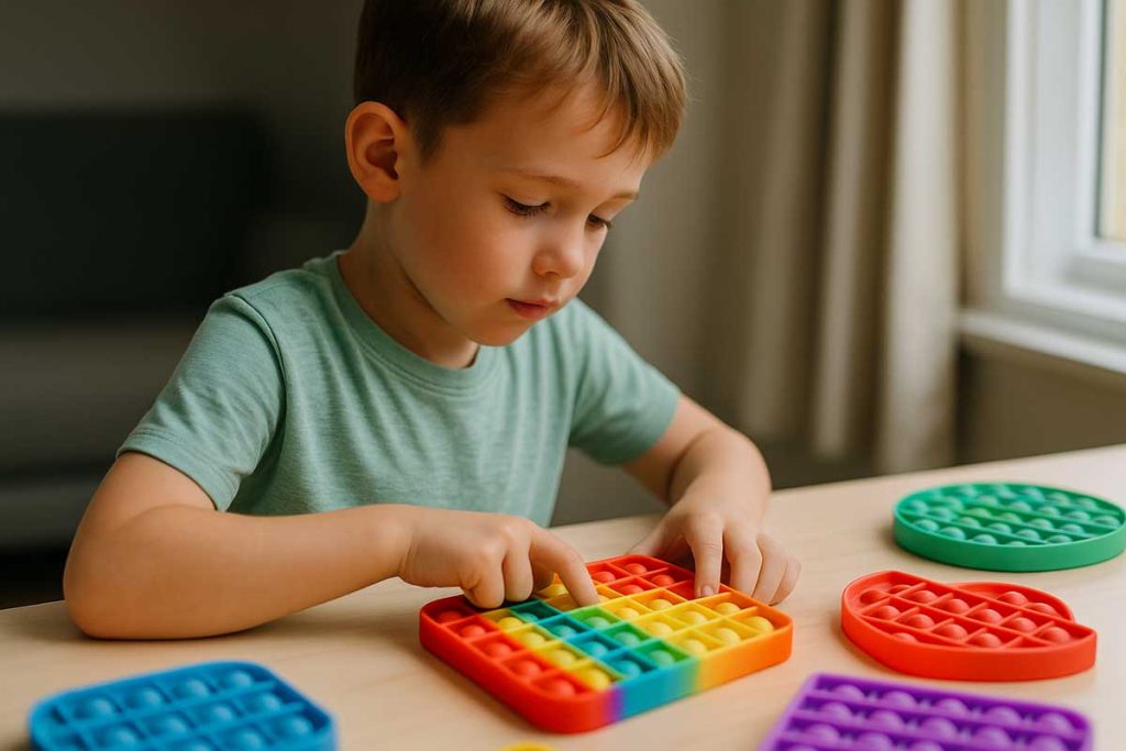 Băiat jucându-se cu un Pop It, alături de mai multe jucării colorate pe masă