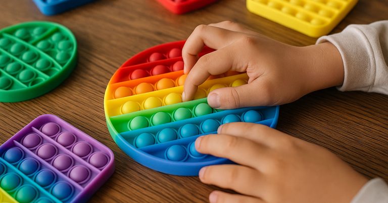 Joacă relaxantă cu Pop It – copilul explorează culori și texturi senzoriale.