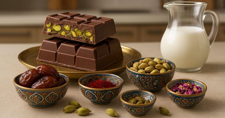Tabletă de ciocolată cu umplutură de fistic, alături ingrediente inspirate din rețeta tradițională de ciocolată Dubai.