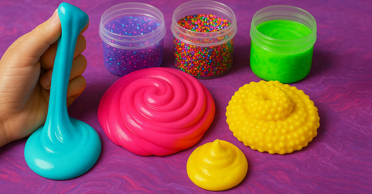 Slime-uri cu texturi diferite și culori vibrante, aranjate pe fundal mov