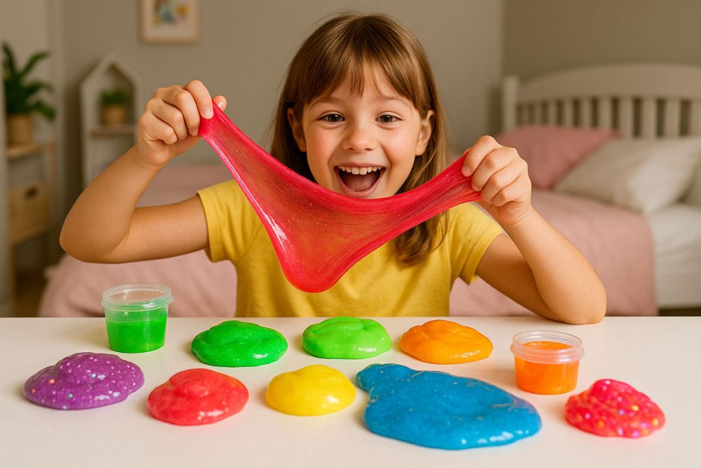 Fetiță care modelează un slime colorat pe masă