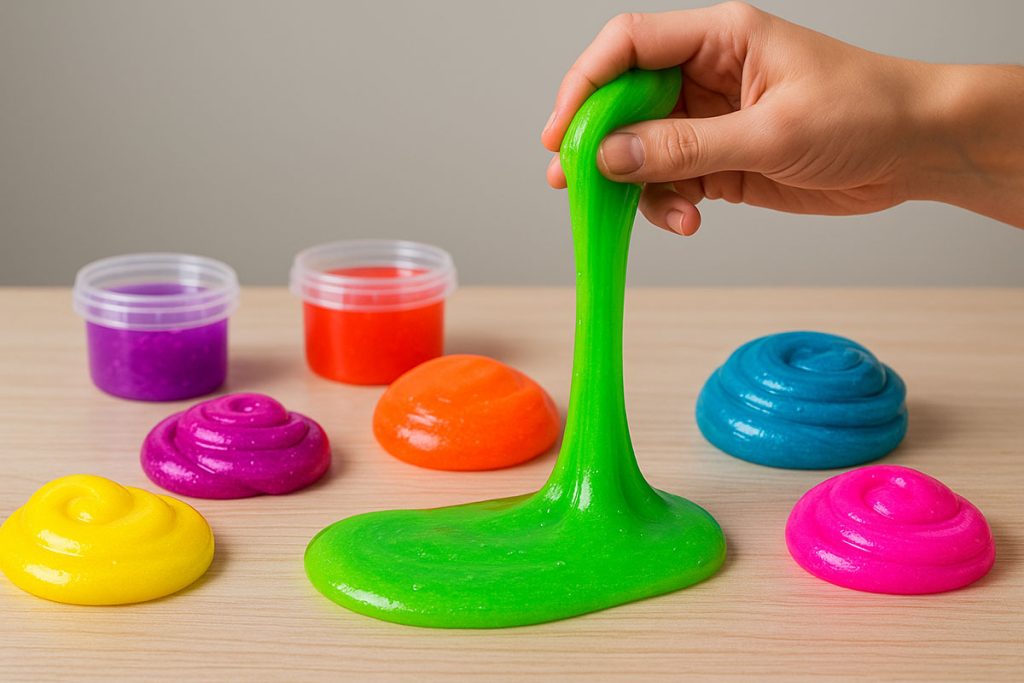 Slime-uri colorate și recipiente pe o masă din lemn, cu lumină caldă