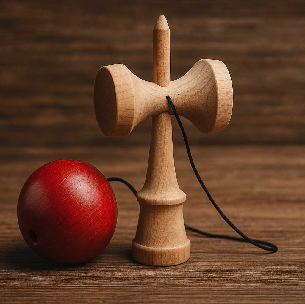 Kendama din lemn cu bilă roșie și mâner tradițional, prezentată pe fundal din lemn natural
