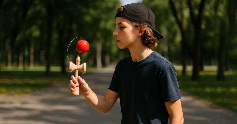 Adolescent care se joacă cu o kendama într-un parc, în lumina naturală a după-amiezii
